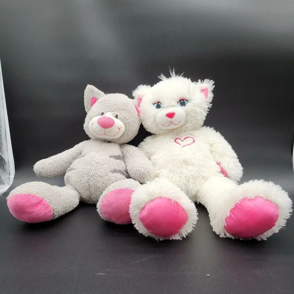 Build A Bear White Gray Sassy Snazzy Kitty Cat Plush Set 2pk Heart Stripe Kawaii